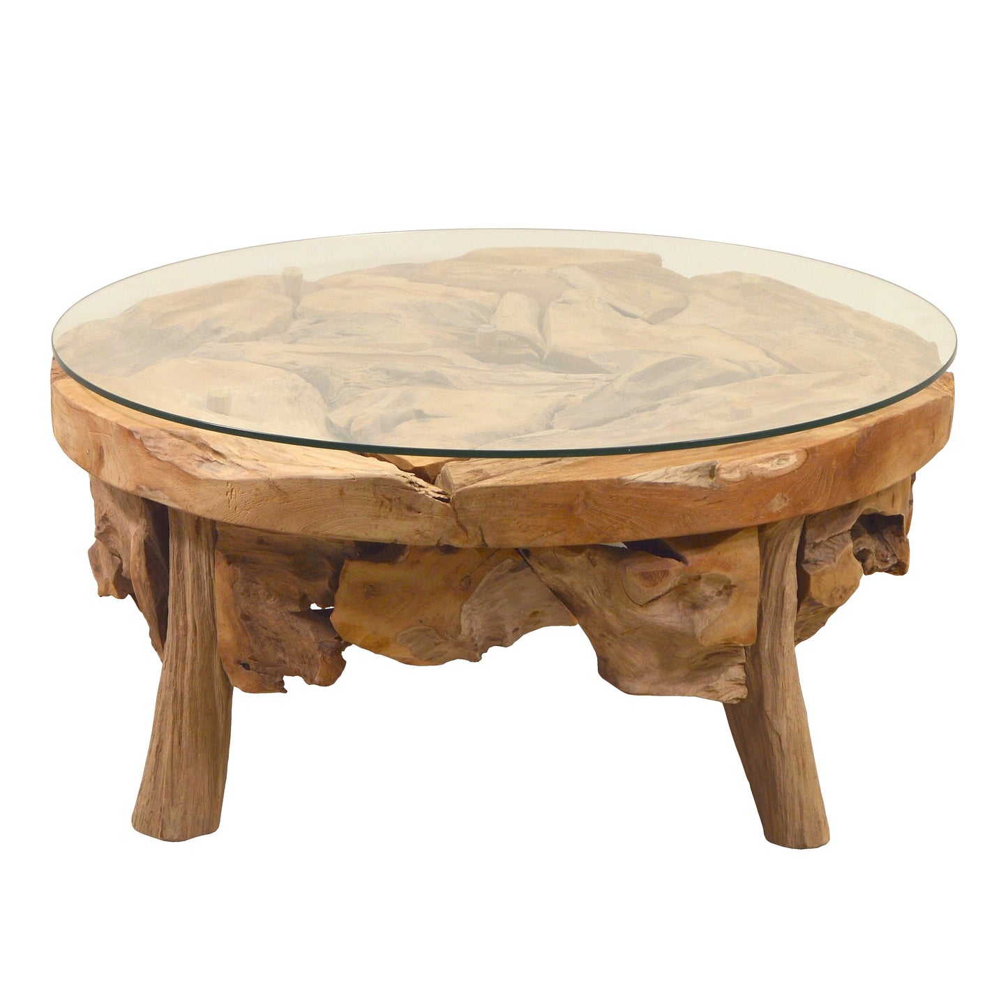 Couchtisch Akar Teak Holz mit Glasplatte - rund