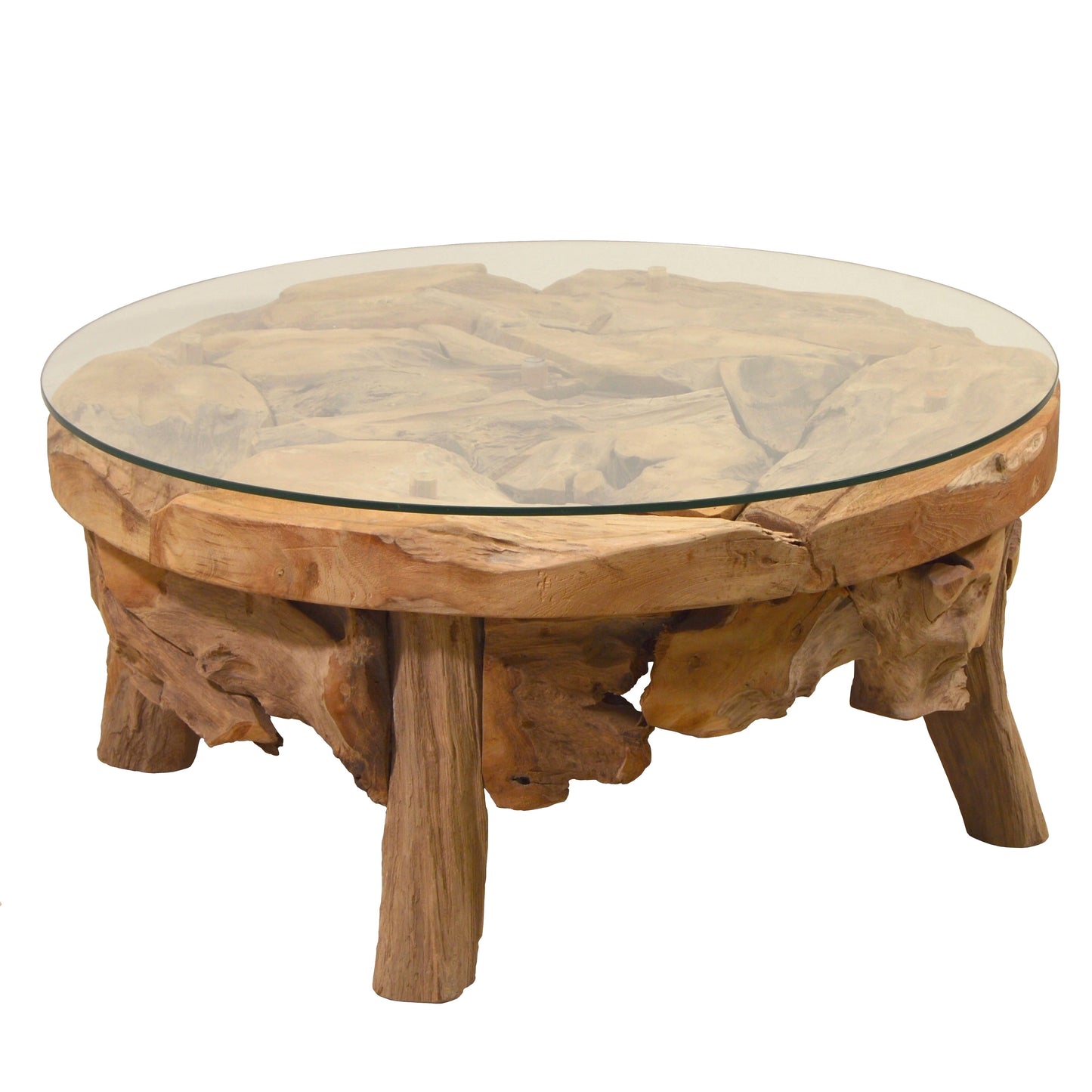 Couchtisch Akar Teak Holz mit Glasplatte - rund