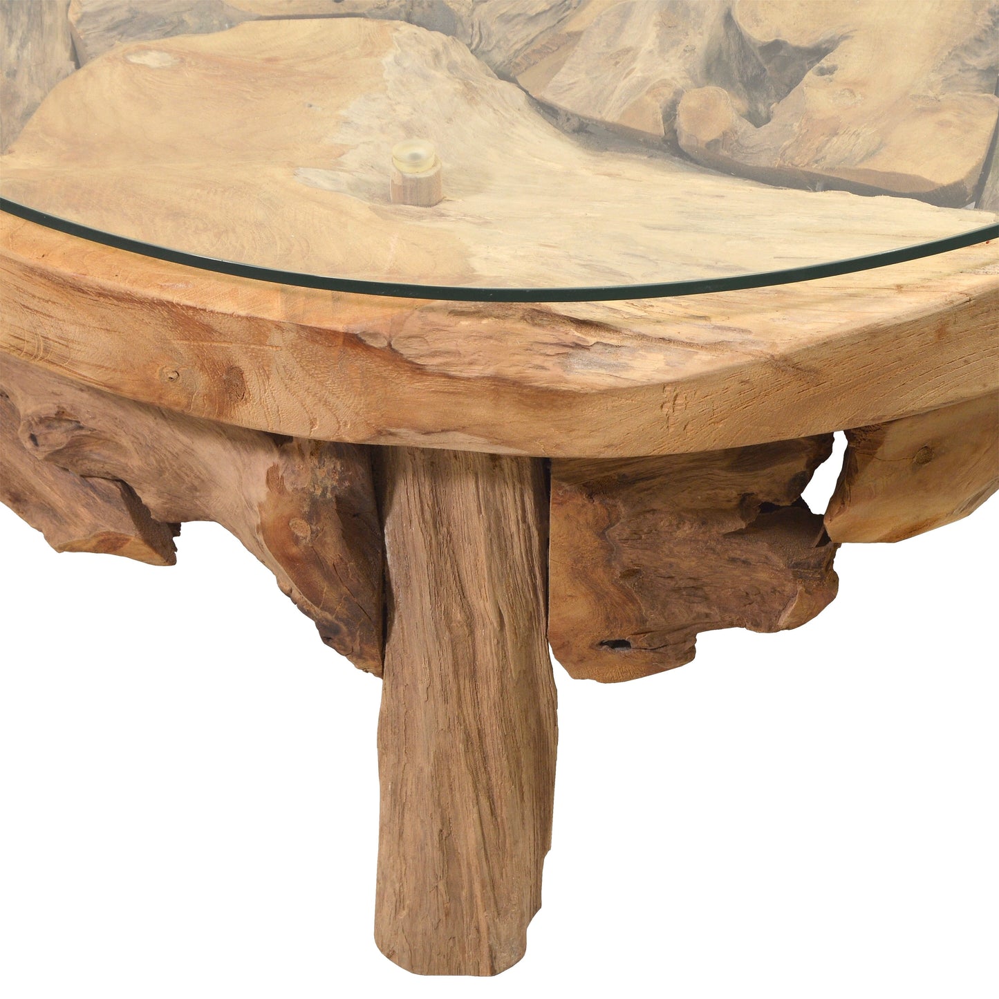 Couchtisch Akar Teak Holz mit Glasplatte - rund