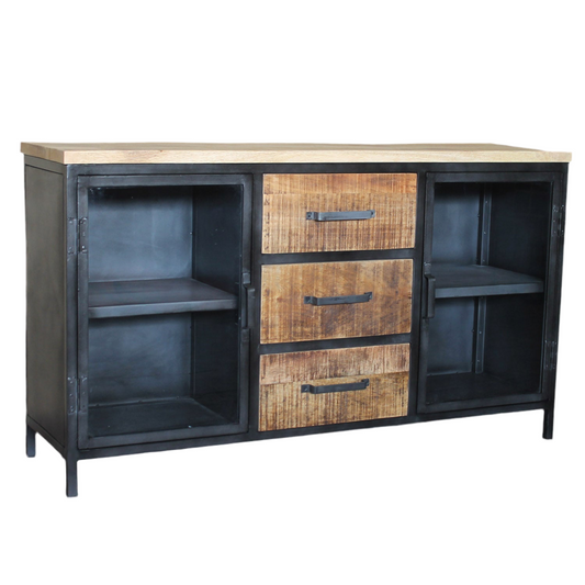 Sideboard Detroit aus Metall, Glas und Mangoholz