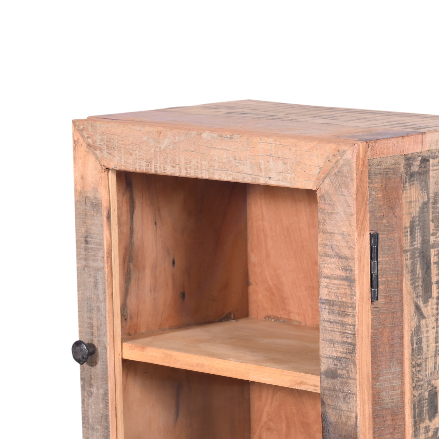 Kleine Vitrine aus recyceltem Holz mit Glastür