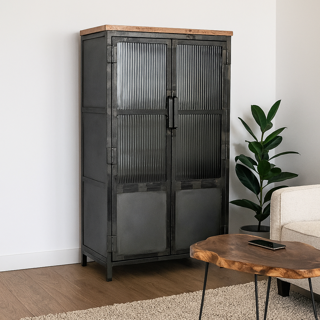 Highboard >St. Louis< Vitrine aus Metall & recycle Holz
