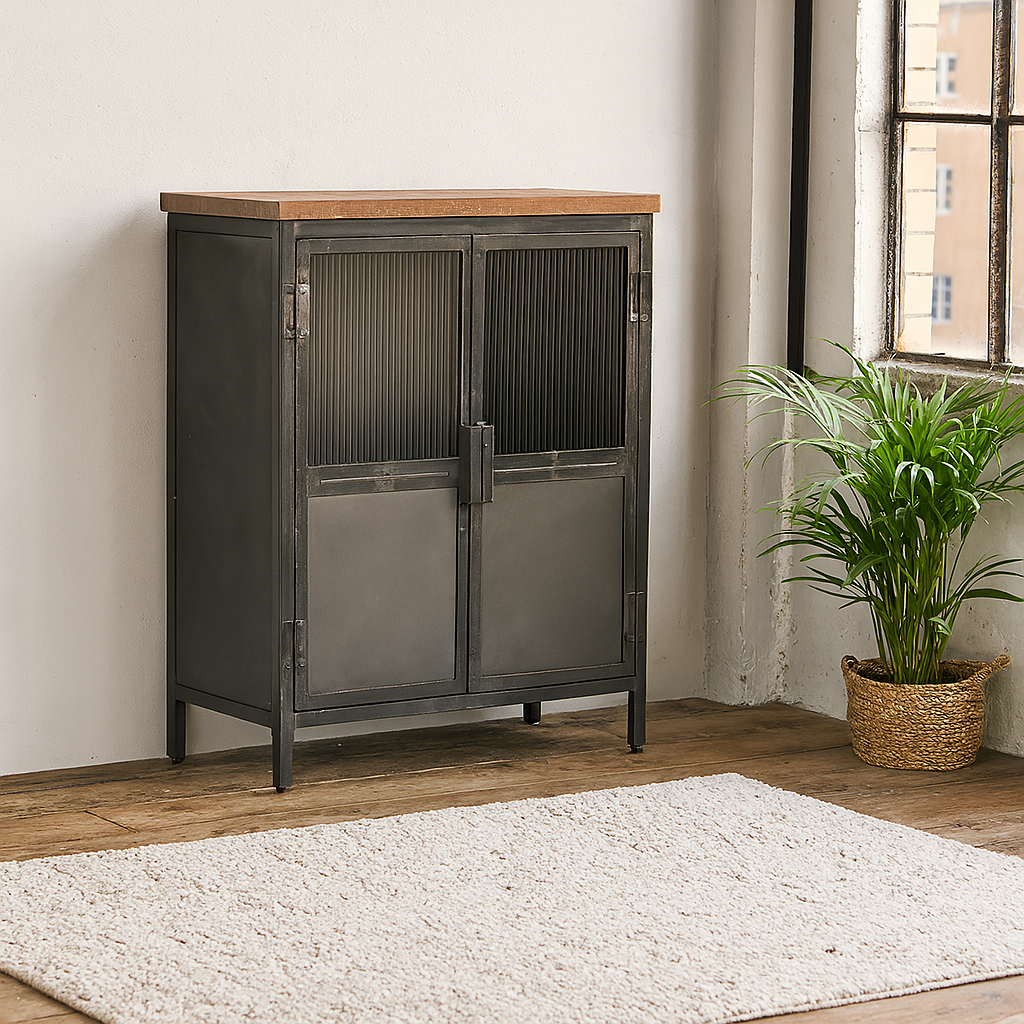 Kommode >St.Louis< Vitrine aus Metall & recycle Holz