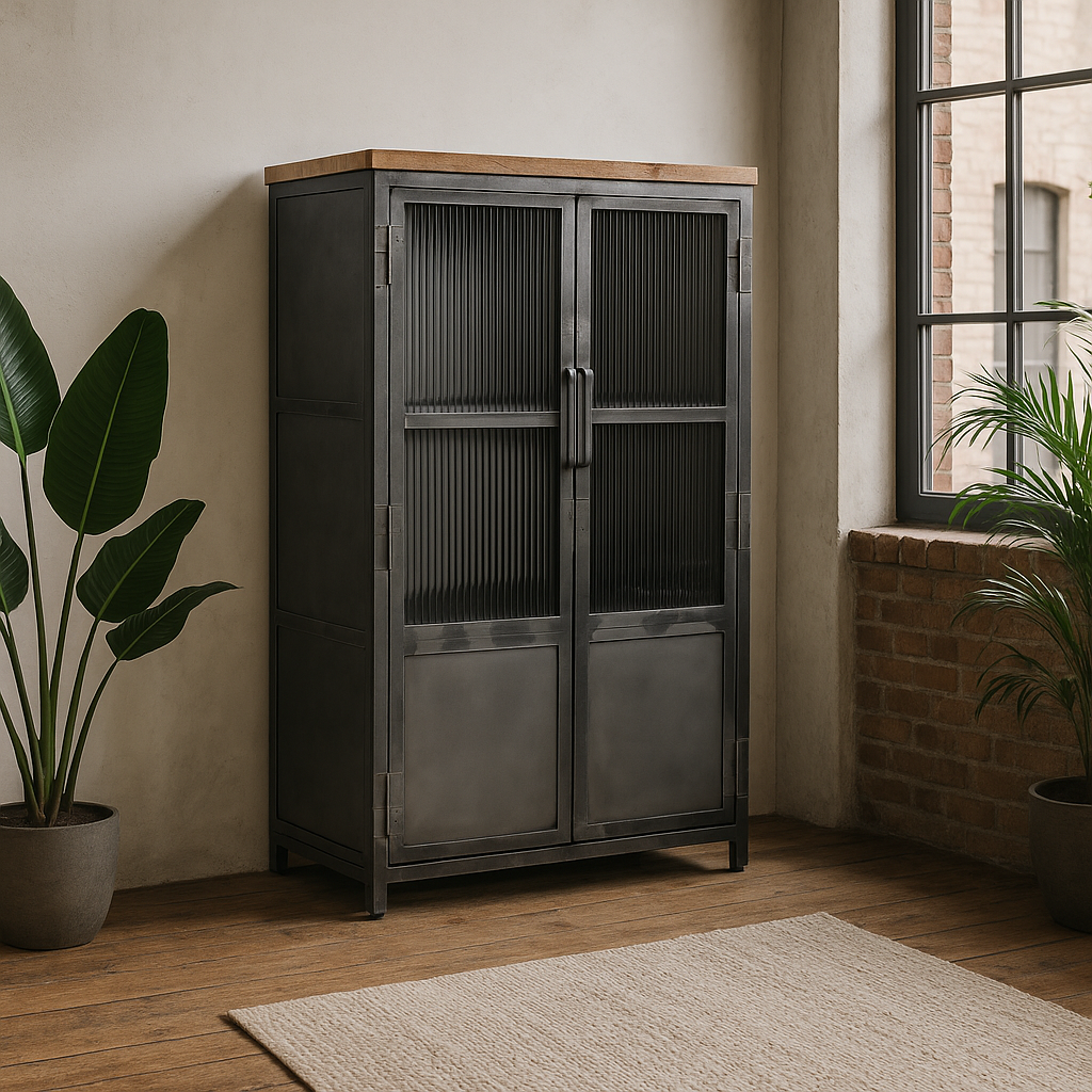 Highboard >St. Louis< Vitrine aus Metall & recycle Holz