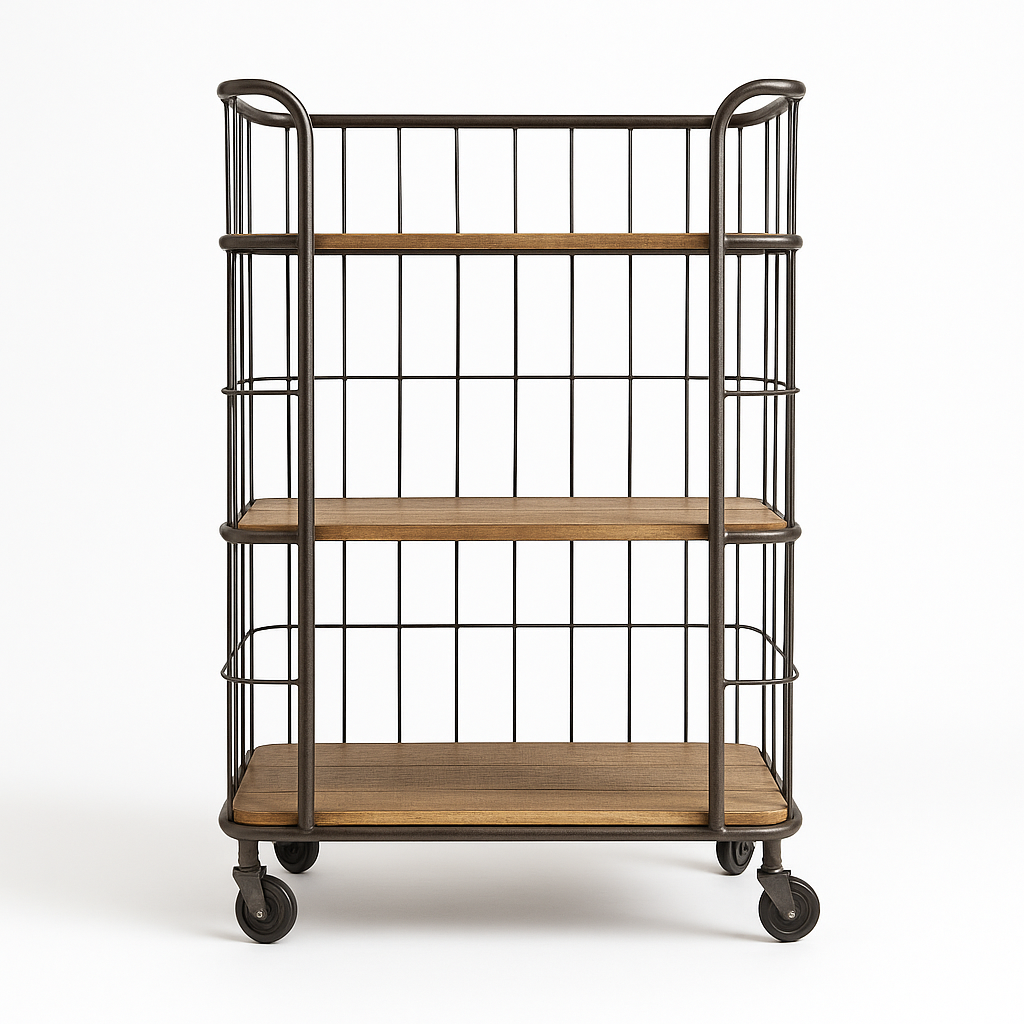 Regal >Grid< mit Rollen 110cm aus Metall und Mangoholz