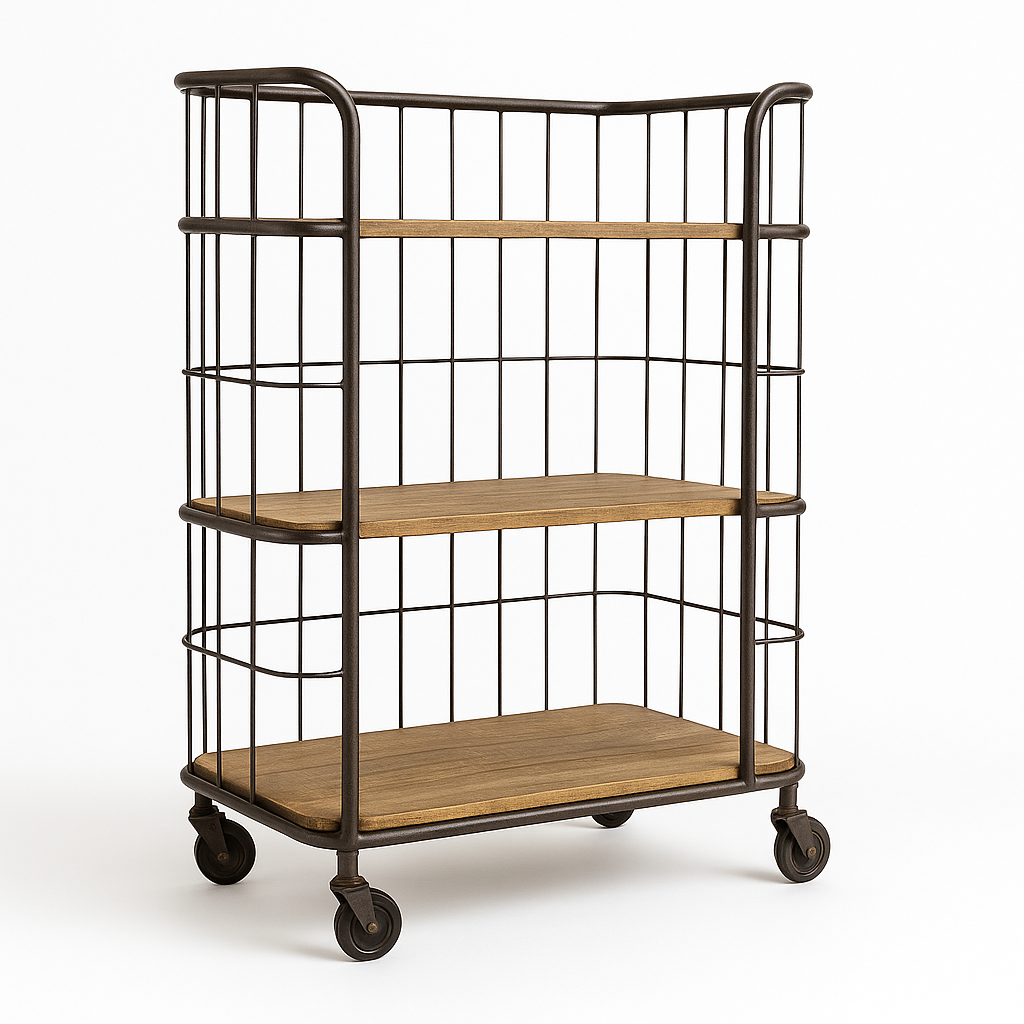 Regal >Grid< mit Rollen 110cm aus Metall und Mangoholz