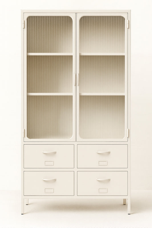 Vitrine Austin Metallschrank Elfenbein - 2 Türen, 4 Schubladen