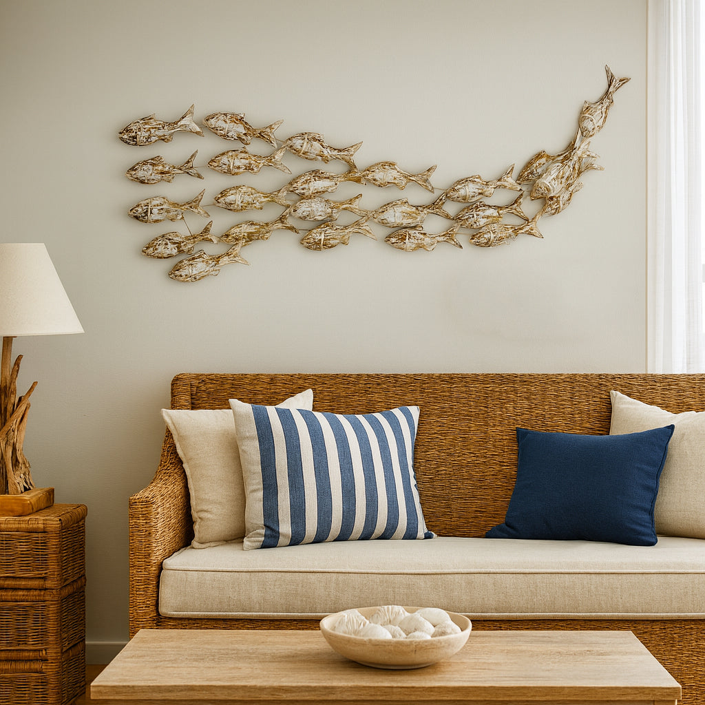 Fischschwarm Wanddeko aus Holz White Wash - 110x45cm