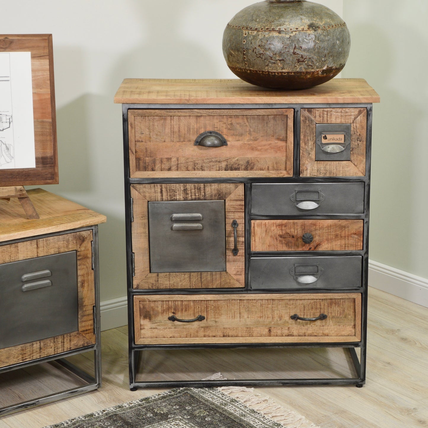 Kommode >Madrid< Mangoholz - 6 Schubladen & 1 Tür