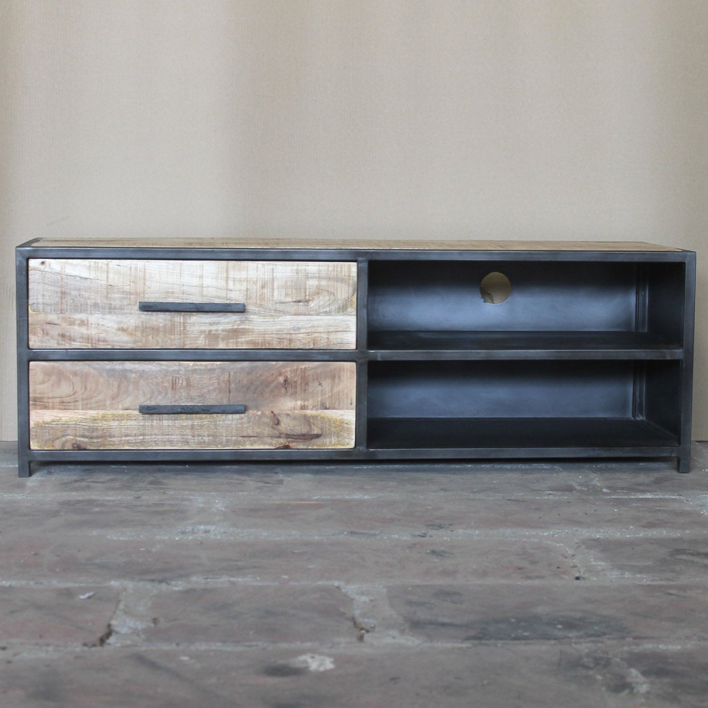 TV-Board Chicago aus Metall und Mangoholz 120 cm - 2 Schubladen