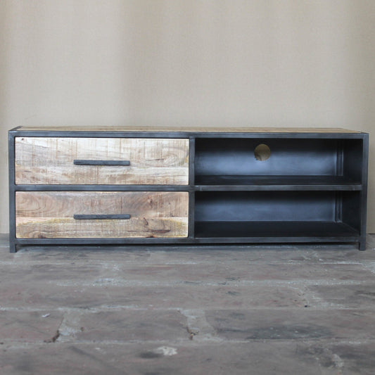 TV-Board Chicago aus Metall und Mangoholz 120 cm - 2 Schubladen