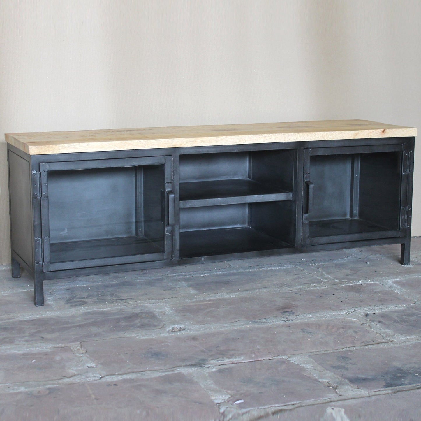 TV-Board Detroit aus Metall, Glas und Mangoholz - 140 cm