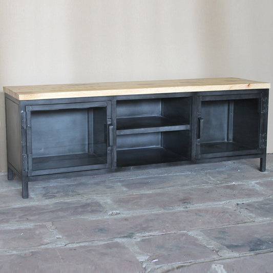 TV-Board Detroit aus Metall, Glas und Mangoholz - 140 cm