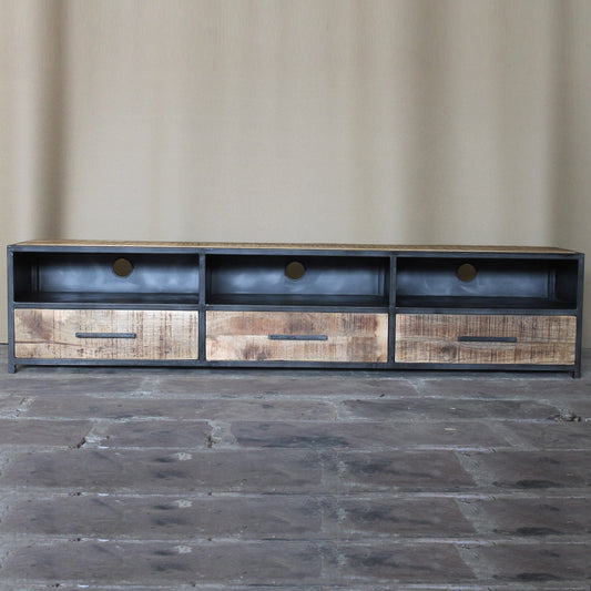 TV-Board Chicago aus Metall und Mangoholz 180 cm - 3 Schubladen