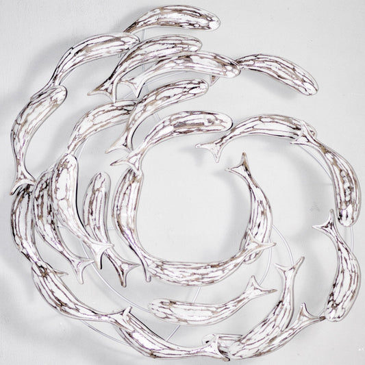 Fischschwarm Wanddeko rund aus Holz White Wash