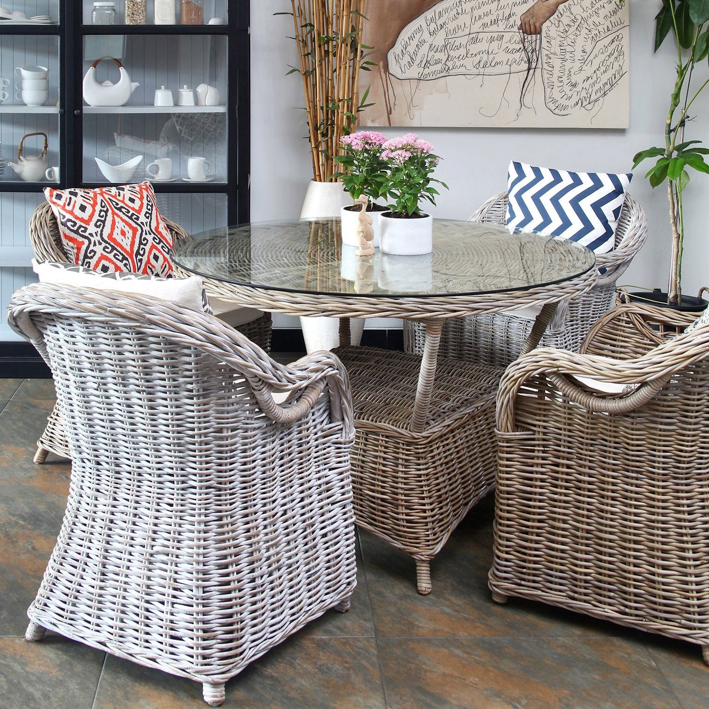 Rattansessel >Athena< Sessel - White Wash mit Kissen