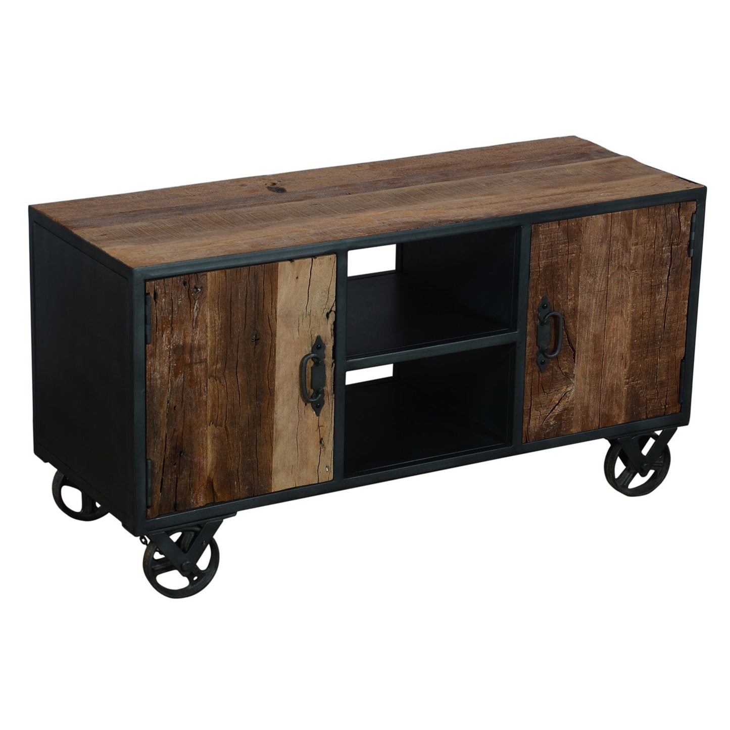 TV-Board >Railway< aus Altholz und Metall - 110 cm mit 2 Türen & Regalen