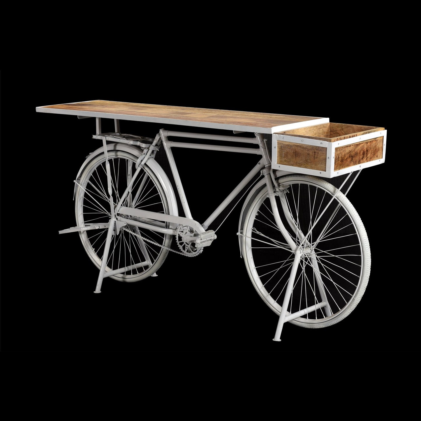 Konsole aus recyceltem Fahrrad Bartresen weiß mit Mangoholz