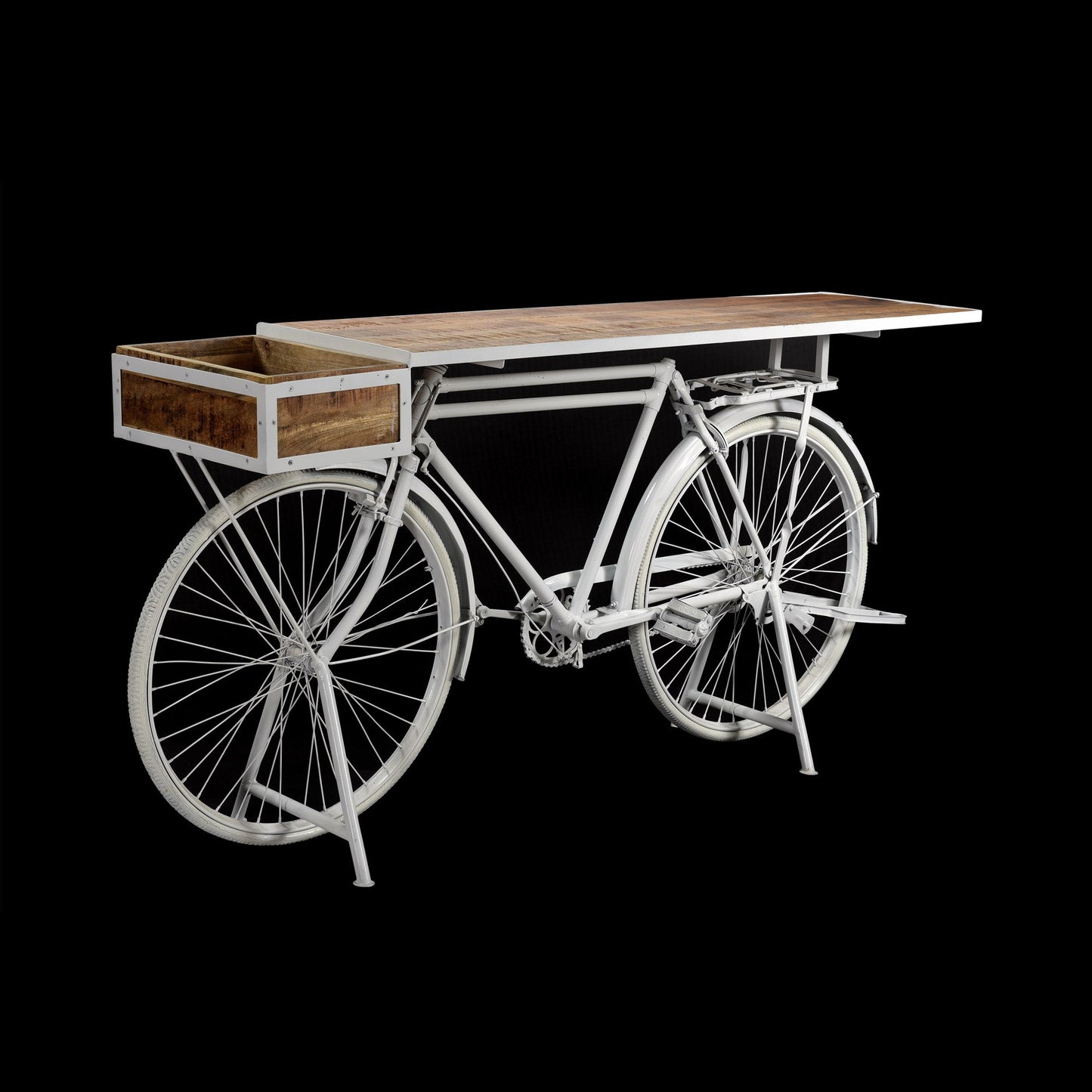 Konsole aus recyceltem Fahrrad Bartresen weiß mit Mangoholz