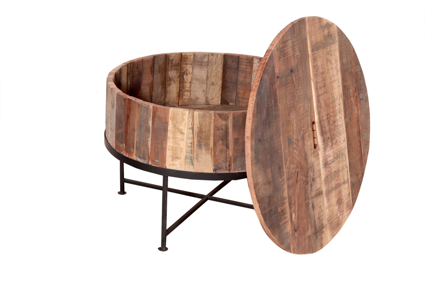 Couchtisch 72cm rund aus Altholz mit Metallfüßen