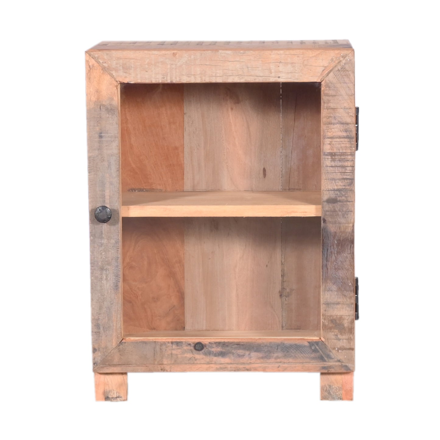 Kleine Vitrine aus recyceltem Holz mit Glastür