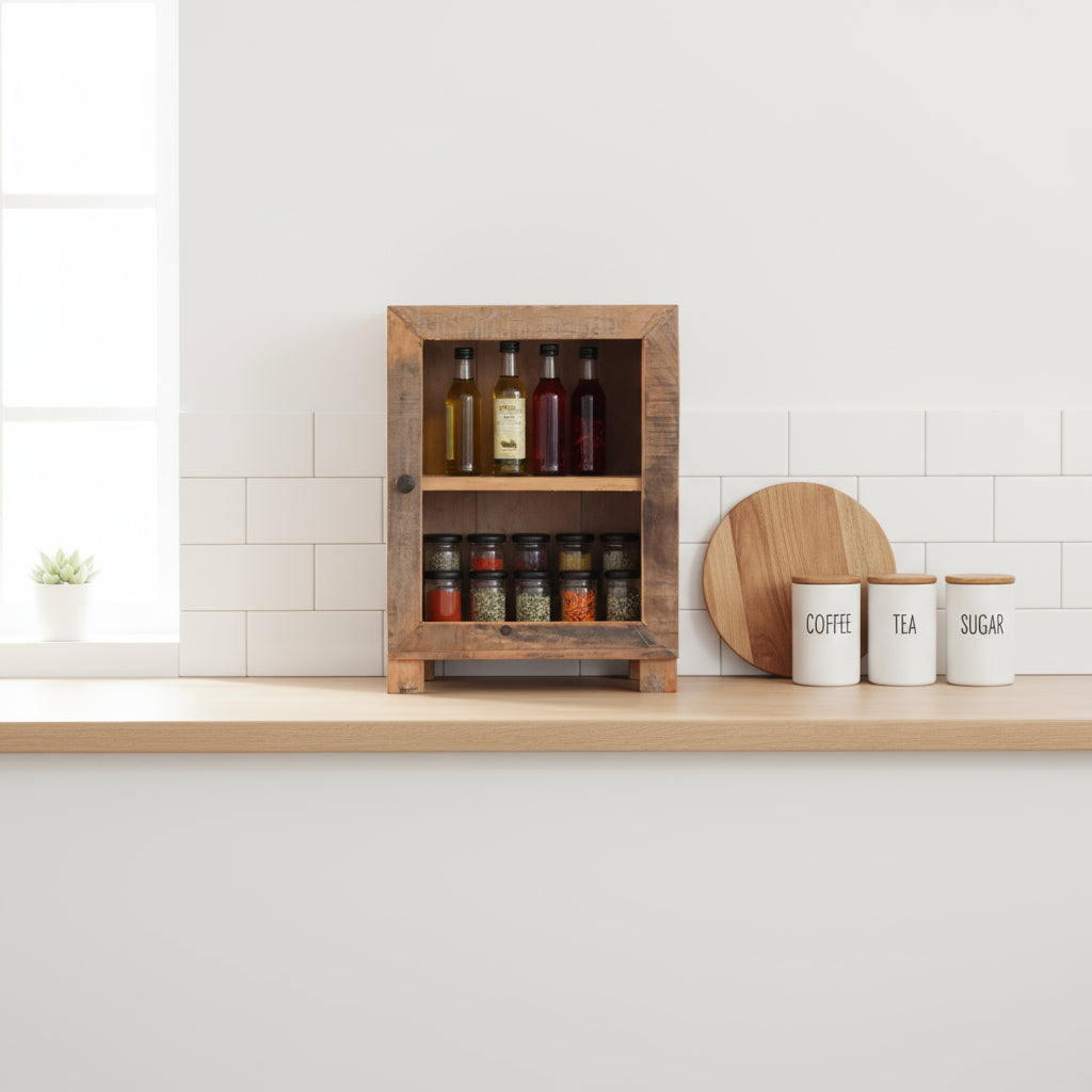 Kleine Vitrine aus recyceltem Holz mit Glastür