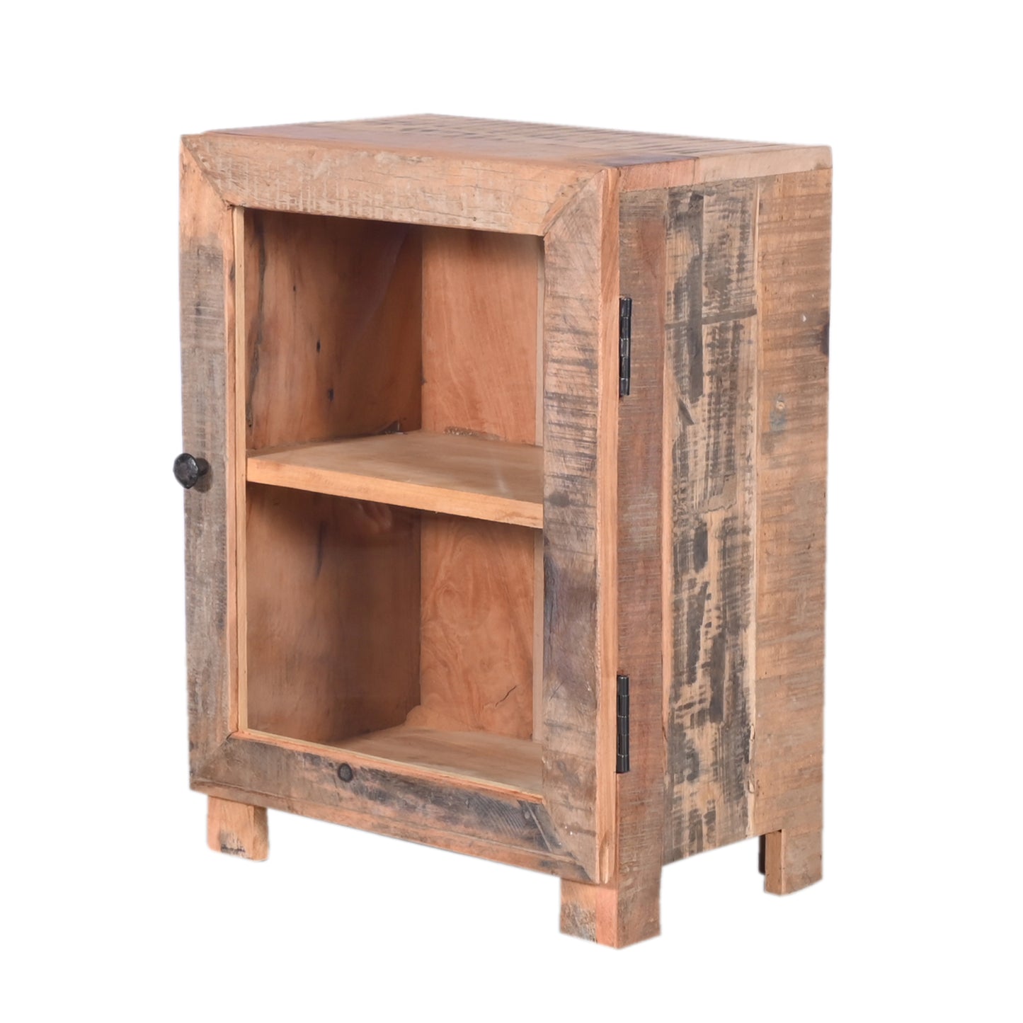 Kleine Vitrine aus recyceltem Holz mit Glastür