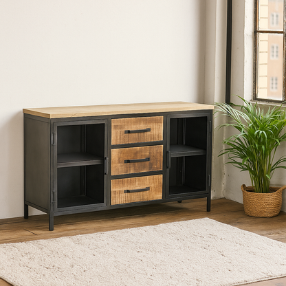 Sideboard Detroit aus Metall, Glas und Mangoholz
