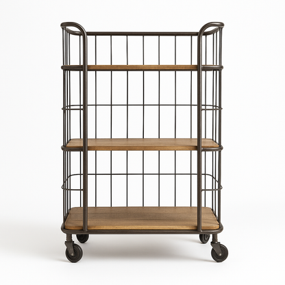 Regal >Grid< mit Rollen 110cm aus Metall und Mangoholz