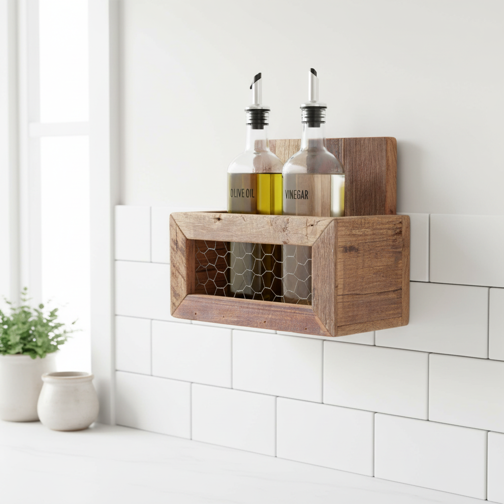 Wandregal aus Altholz mit Metallgitter