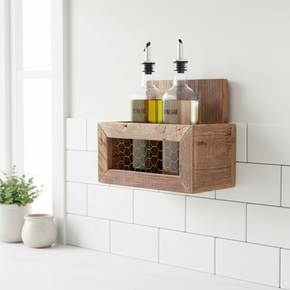 Wandregal aus Altholz mit Metallgitter