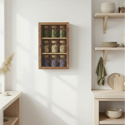 Wandschrank Vitrine mit Glastür aus Altholz